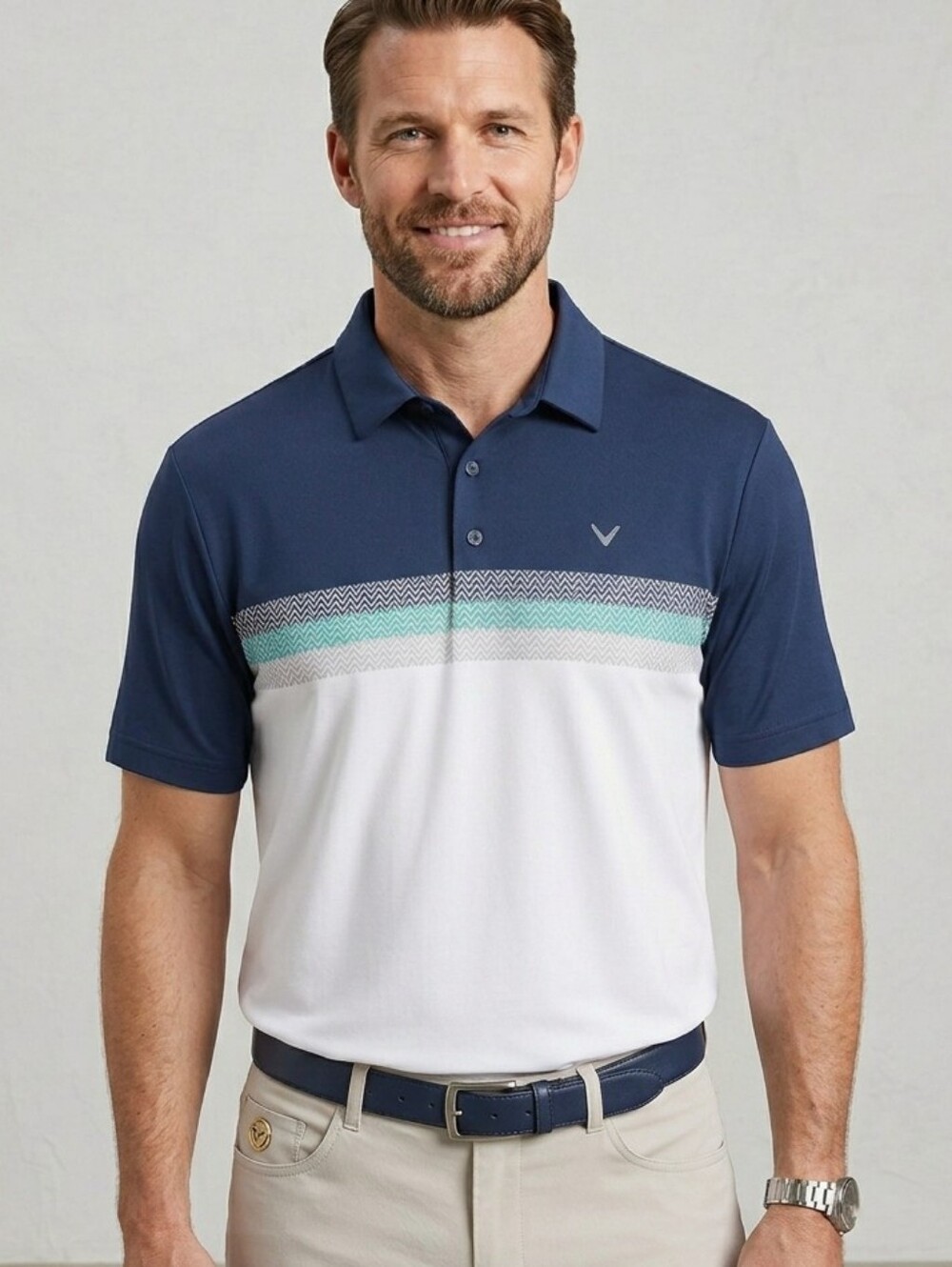 Callaway Navy, White & Teal Chest-Stripe Men's Golf Polo